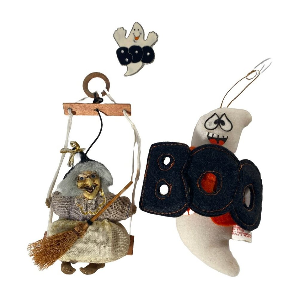 Halloween Minis 3 Lot-Enamel Ghost Pin Felt Ghost Ornament Little Witch on Swing